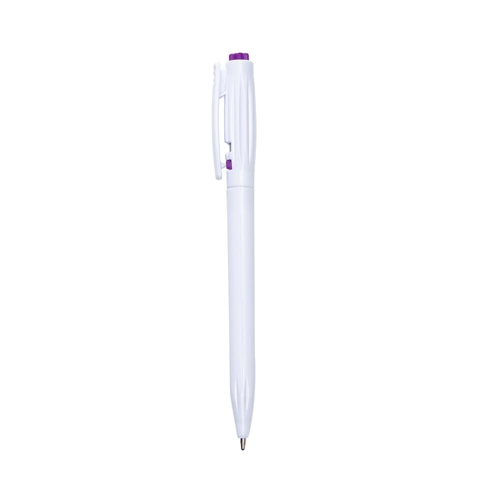 Caneta Plástica CA1369 na cor Roxo e branco, brinde personalizado Sky Brindes