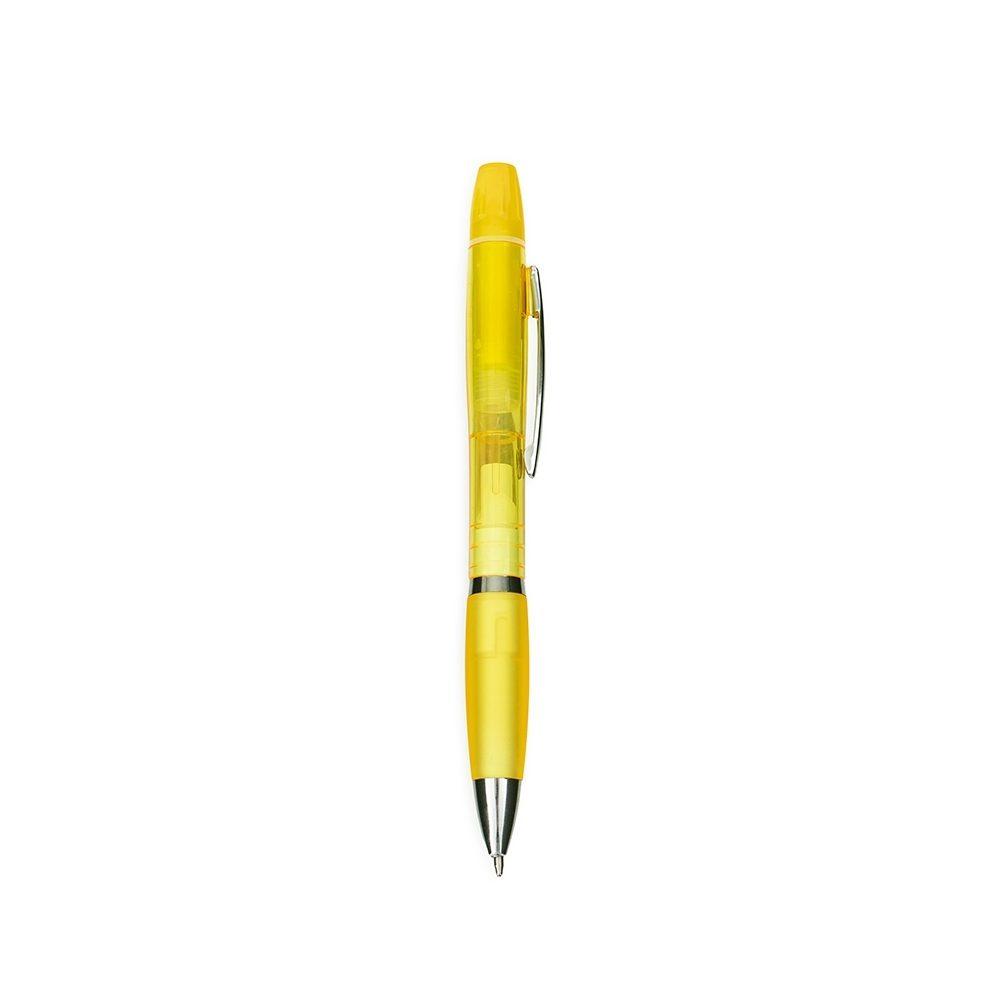 Caneta Plástica Com Marca-Texto CA1589 na cor Amarelo, brinde personalizado Sky Brindes