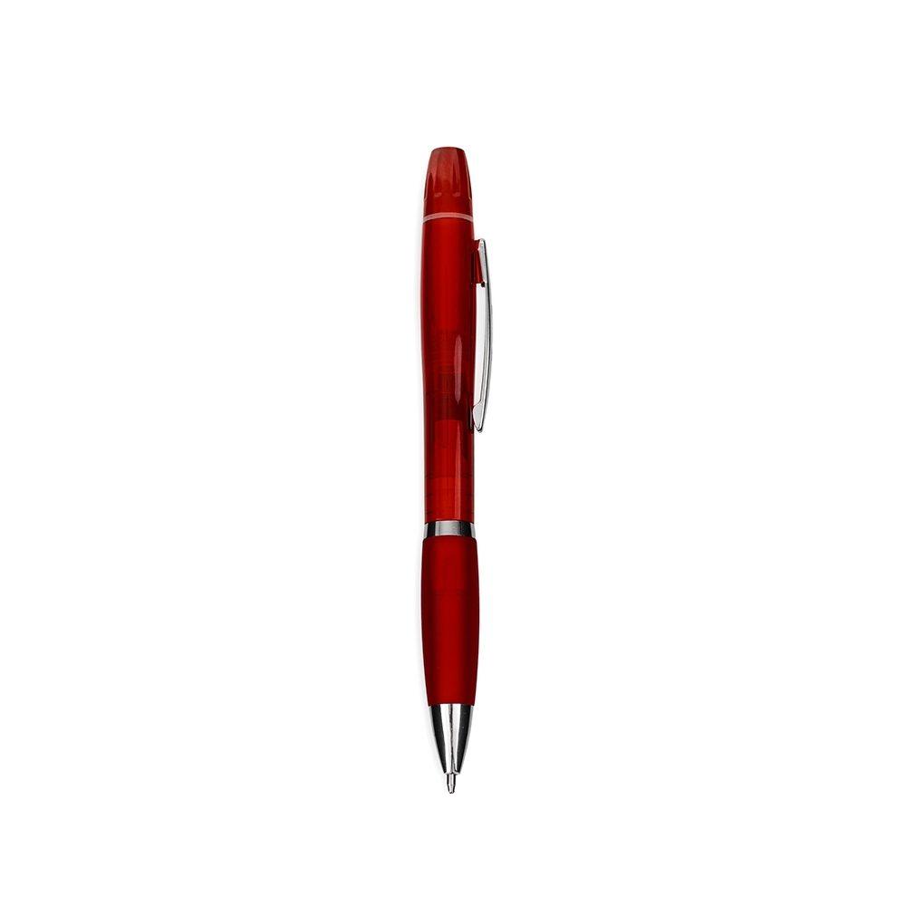 Caneta Plástica Com Marca-Texto CA1589 na cor Vermelho, brinde personalizado Sky Brindes