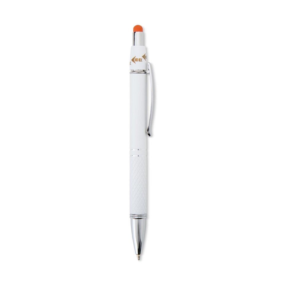 Caneta metal touch antiestresse CA1637 na cor Branco e laranja, brinde personalizado Sky Brindes