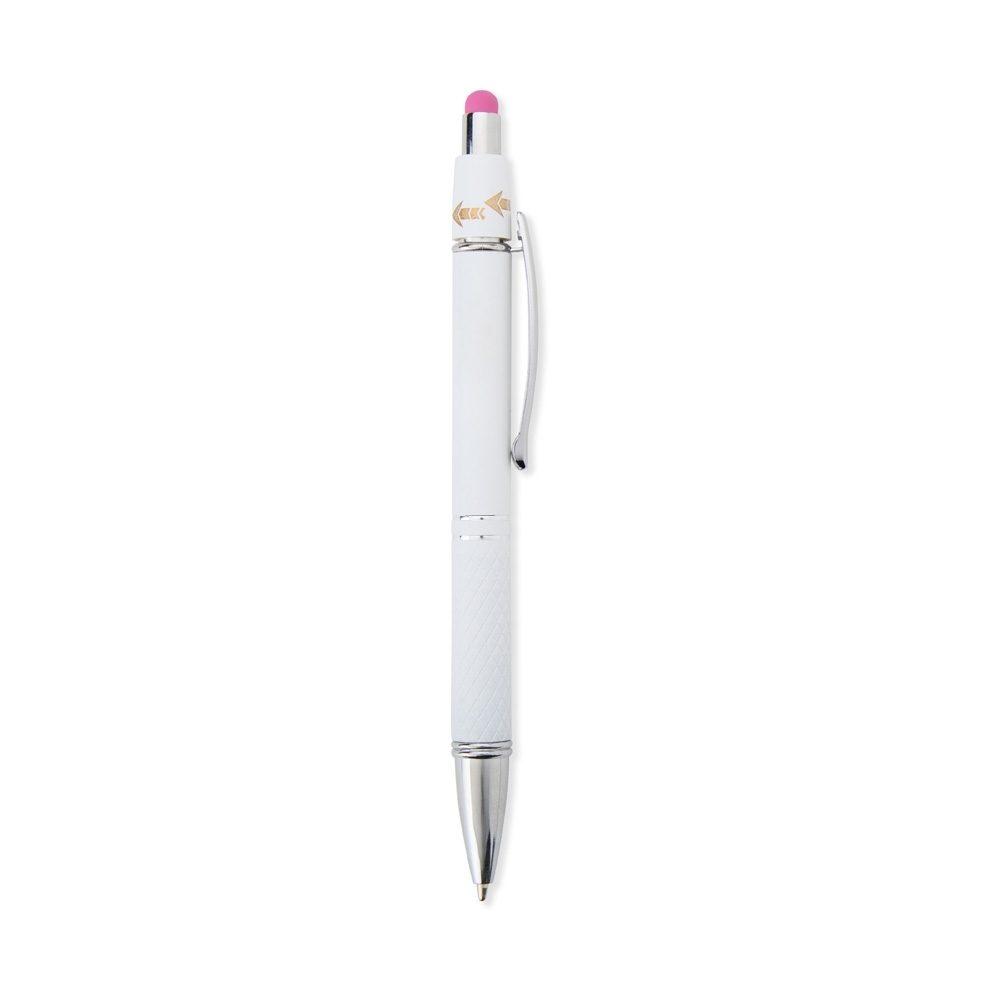 Caneta metal touch antiestresse CA1637 na cor Rosa e branco, brinde personalizado Sky Brindes