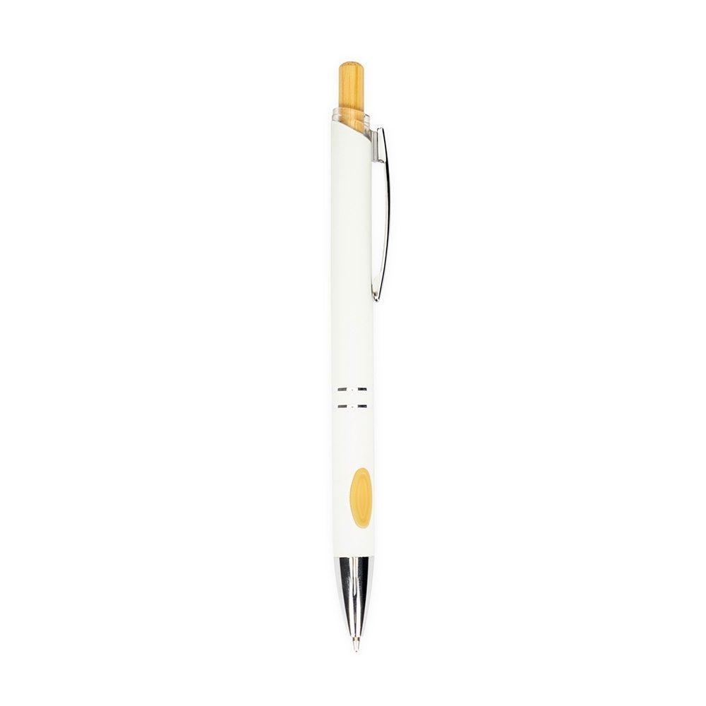 Caneta metal c detalhe em bambu CA1674 na cor Branco, brinde personalizado Sky Brindes