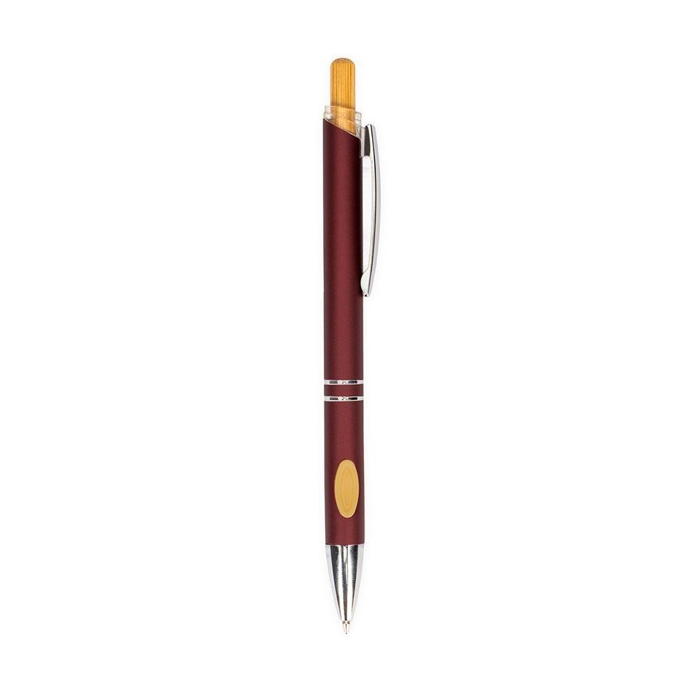 Caneta metal c detalhe em bambu CA1674 na cor Vermelho e inox, brinde personalizado Sky Brindes