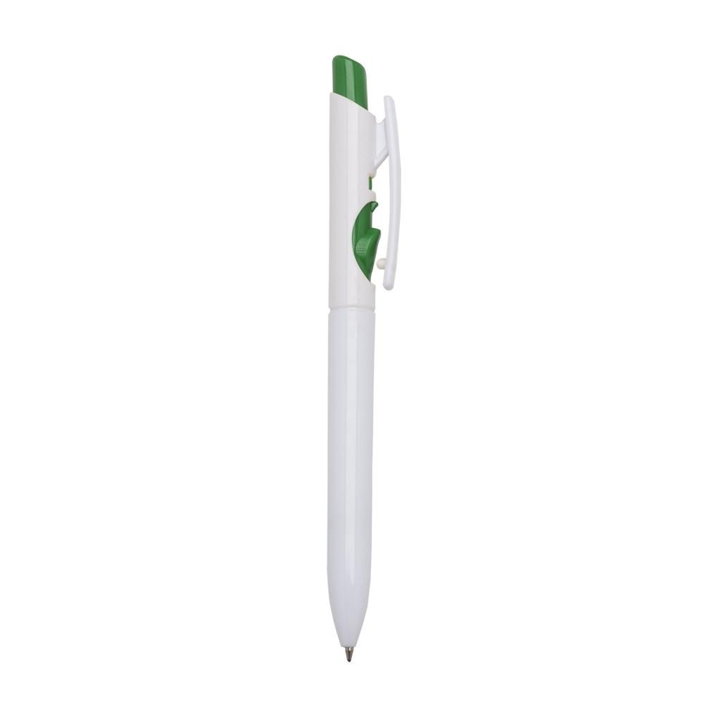 Caneta plástica CA1731 na cor Branco e verde, brinde personalizado Sky Brindes