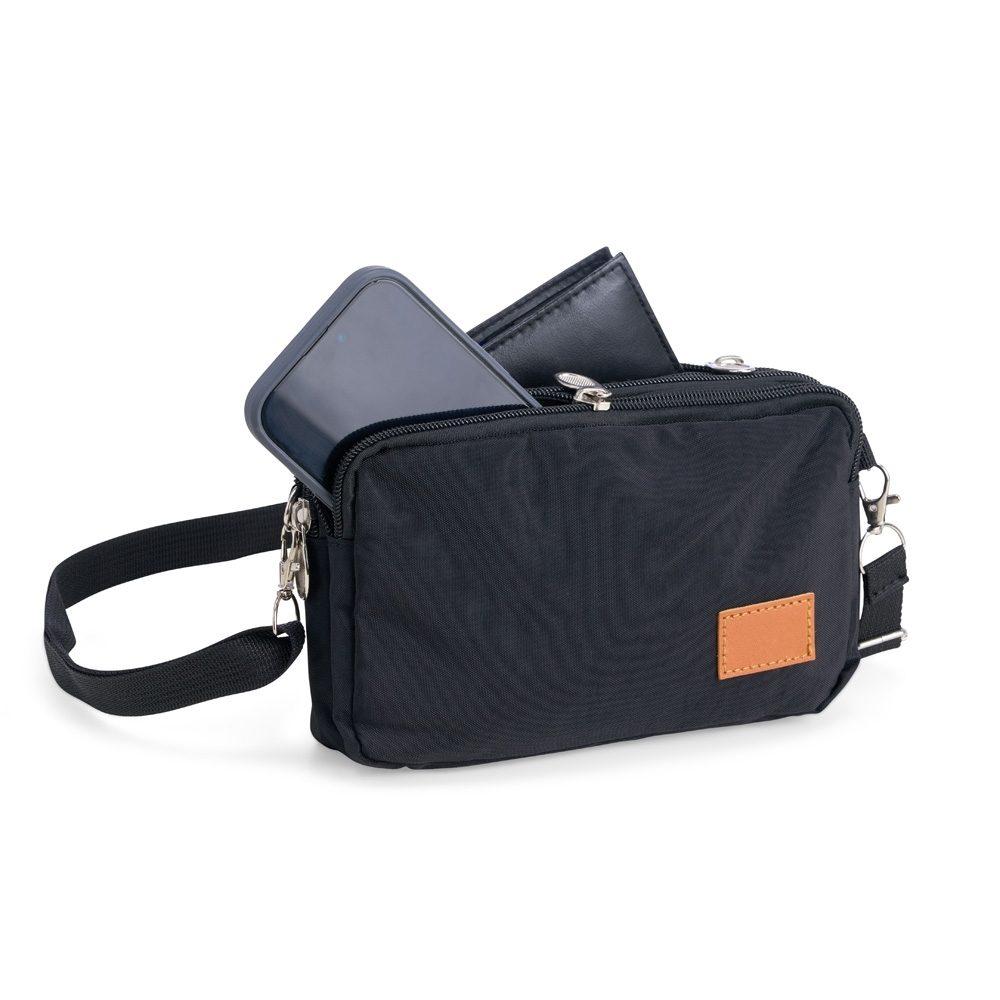 Mini Bolsa Transversal DI1654 na cor Preto, brinde personalizado Sky Brindes
