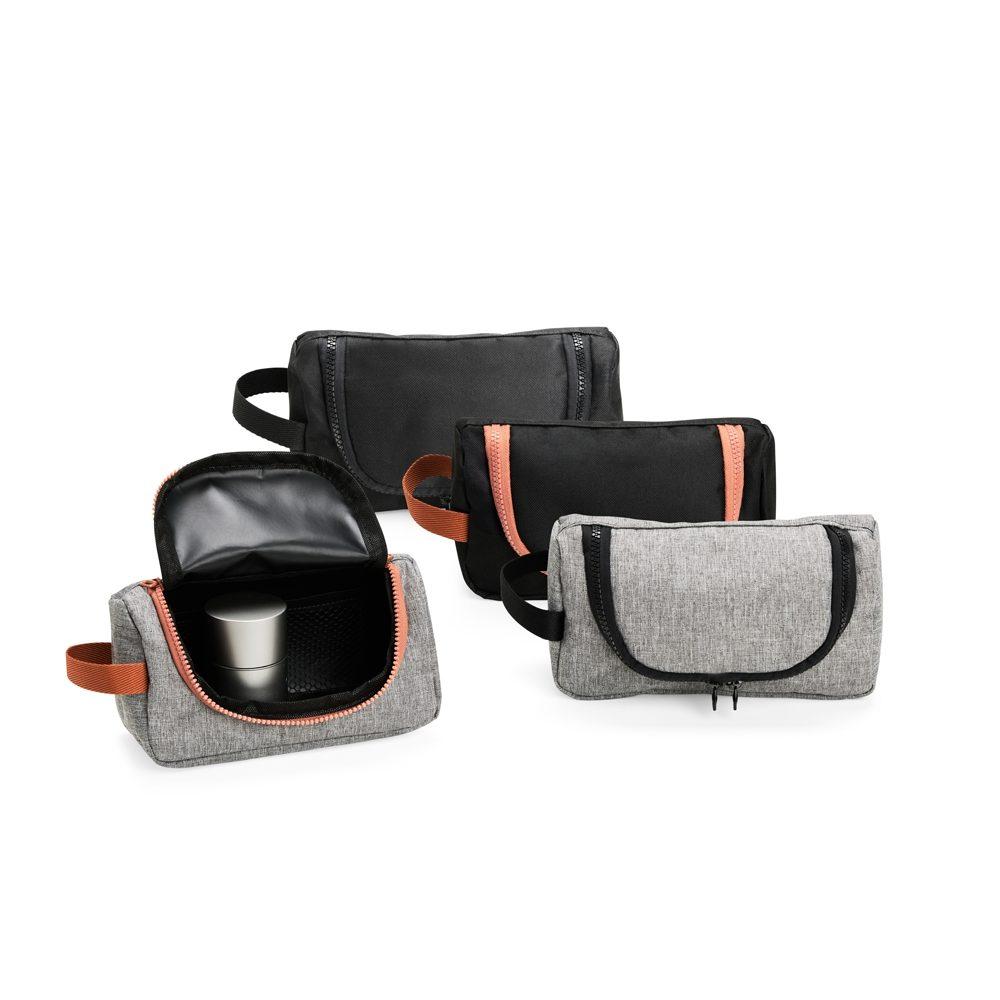 Nécessaire nylon DI1795 na cor Cinza e marrom, brinde personalizado Sky Brindes
