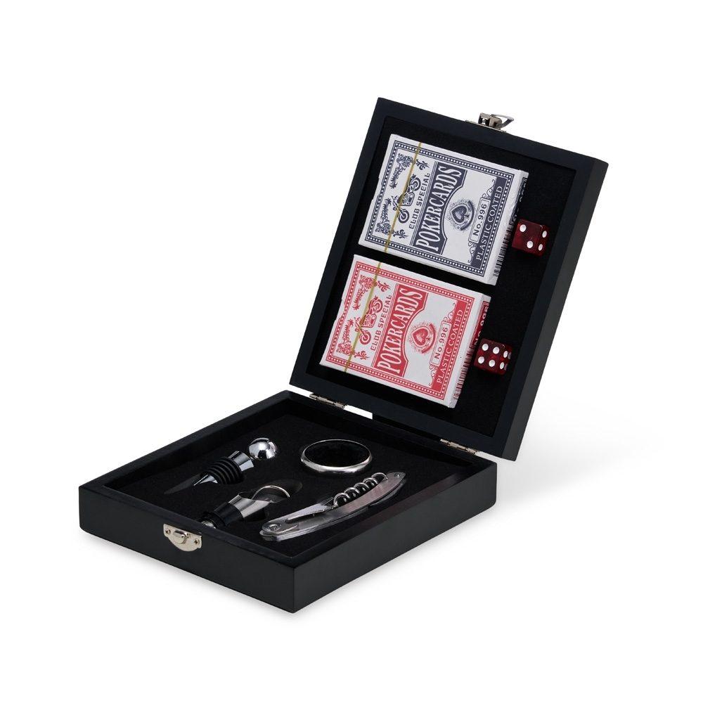 Kit Vinho com Jogo de Baralho GO1447 na cor Preto, brinde personalizado Sky Brindes