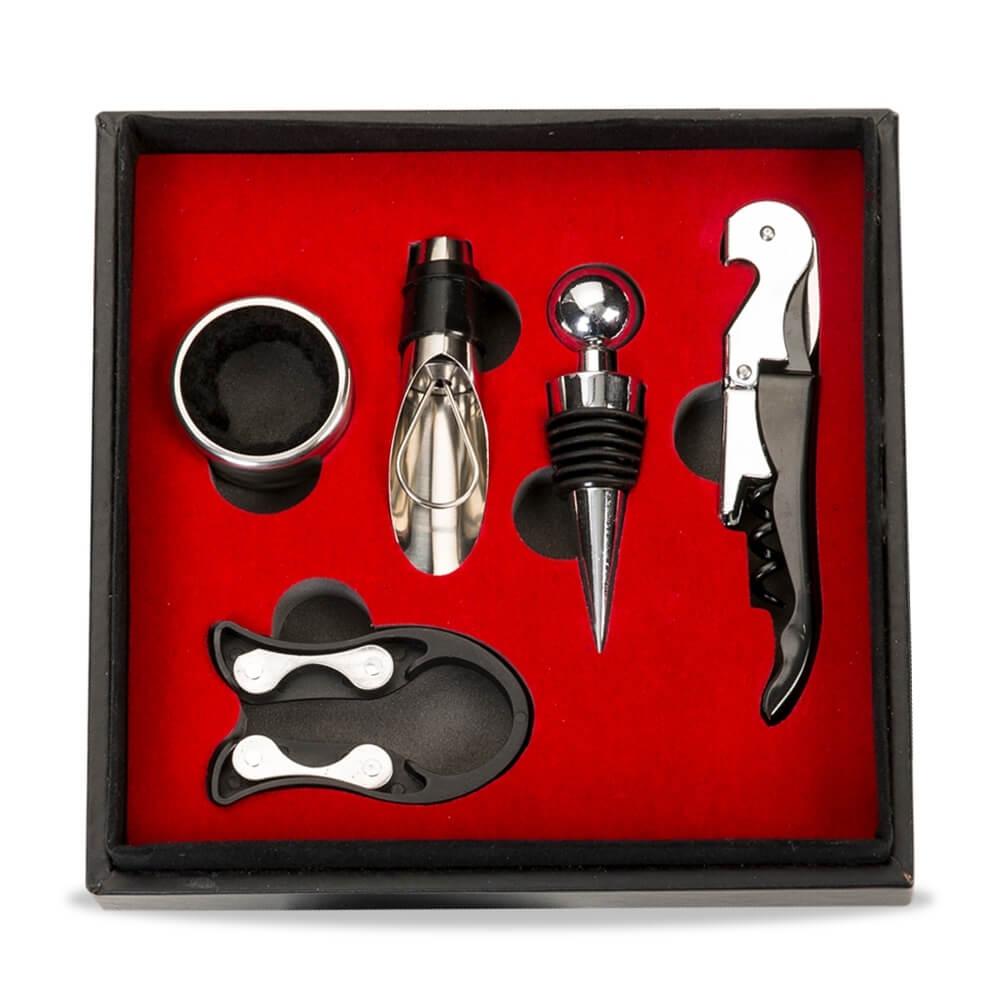 Kit Vinho 5 peças GO1487 na cor Preto, brinde personalizado Sky Brindes