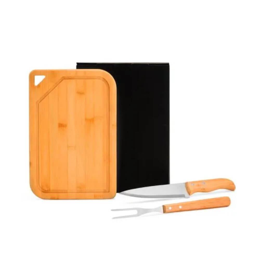 Churrasco em Bambu 3 Peças GO1525 na cor Preto, brinde personalizado Sky Brindes