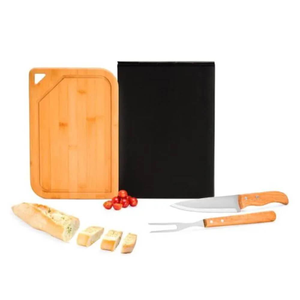 Churrasco em Bambu 3 Peças GO1525 na cor Preto, brinde personalizado Sky Brindes
