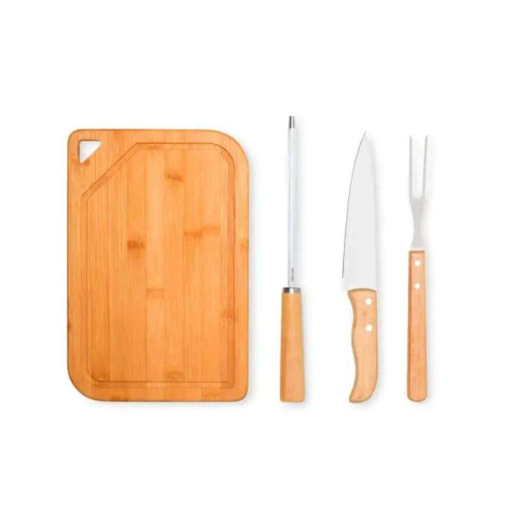 Churrasco em Bambu 4 Peças GO1526 na cor Preto, brinde personalizado Sky Brindes