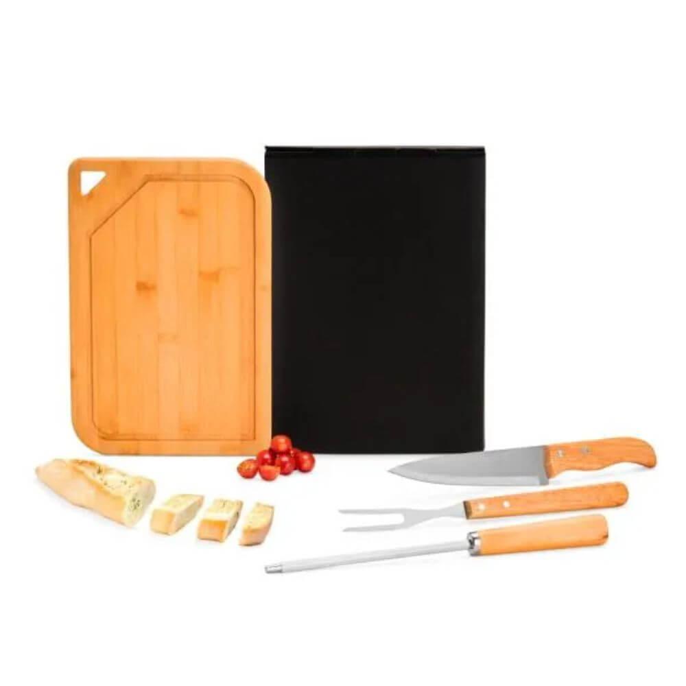 Churrasco em Bambu 4 Peças GO1526 na cor Preto, brinde personalizado Sky Brindes