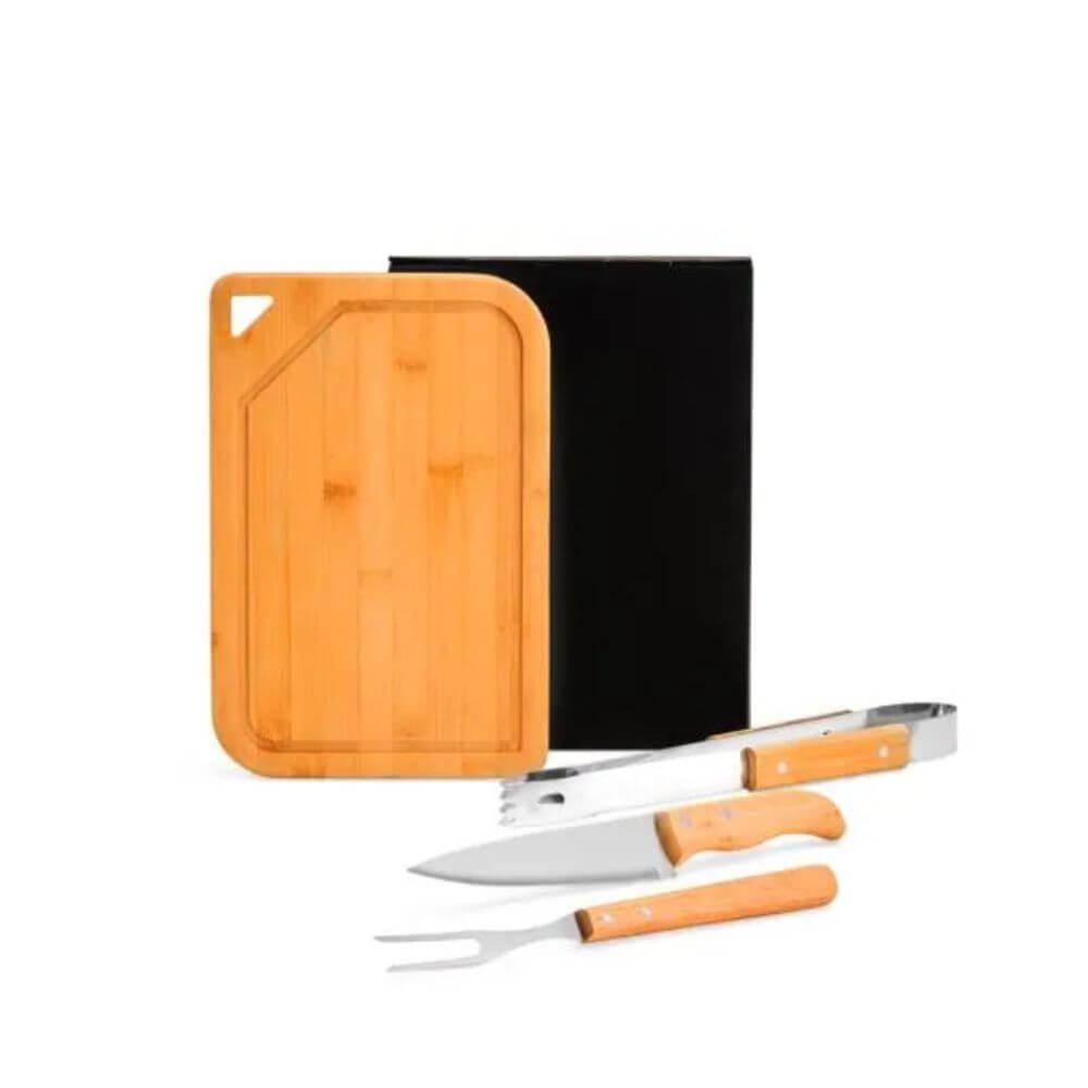 Kit Churrasco em Bambu 4 Peças GO1527 na cor Preto, brinde personalizado Sky Brindes