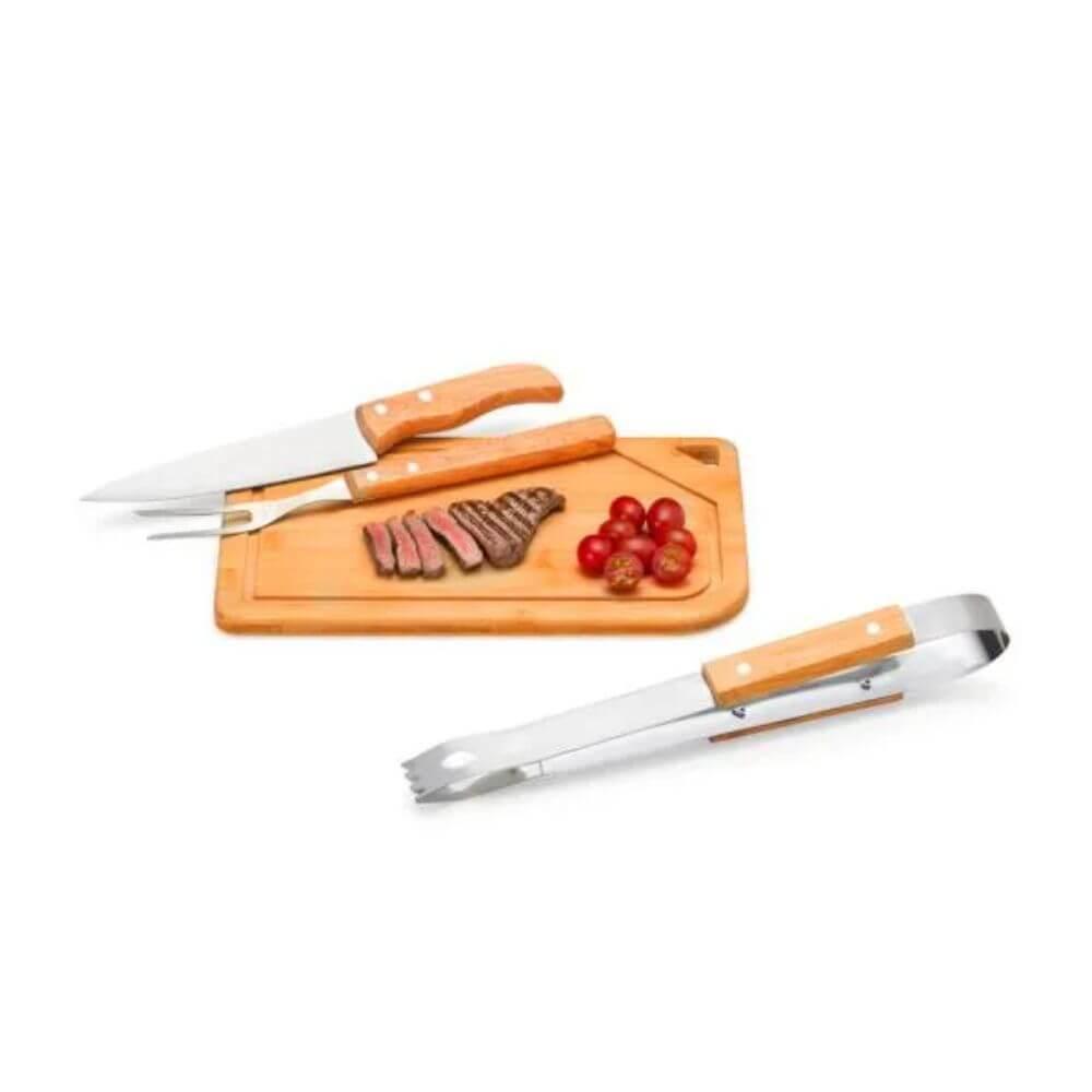 Kit Churrasco em Bambu 4 Peças GO1527 na cor Preto, brinde personalizado Sky Brindes