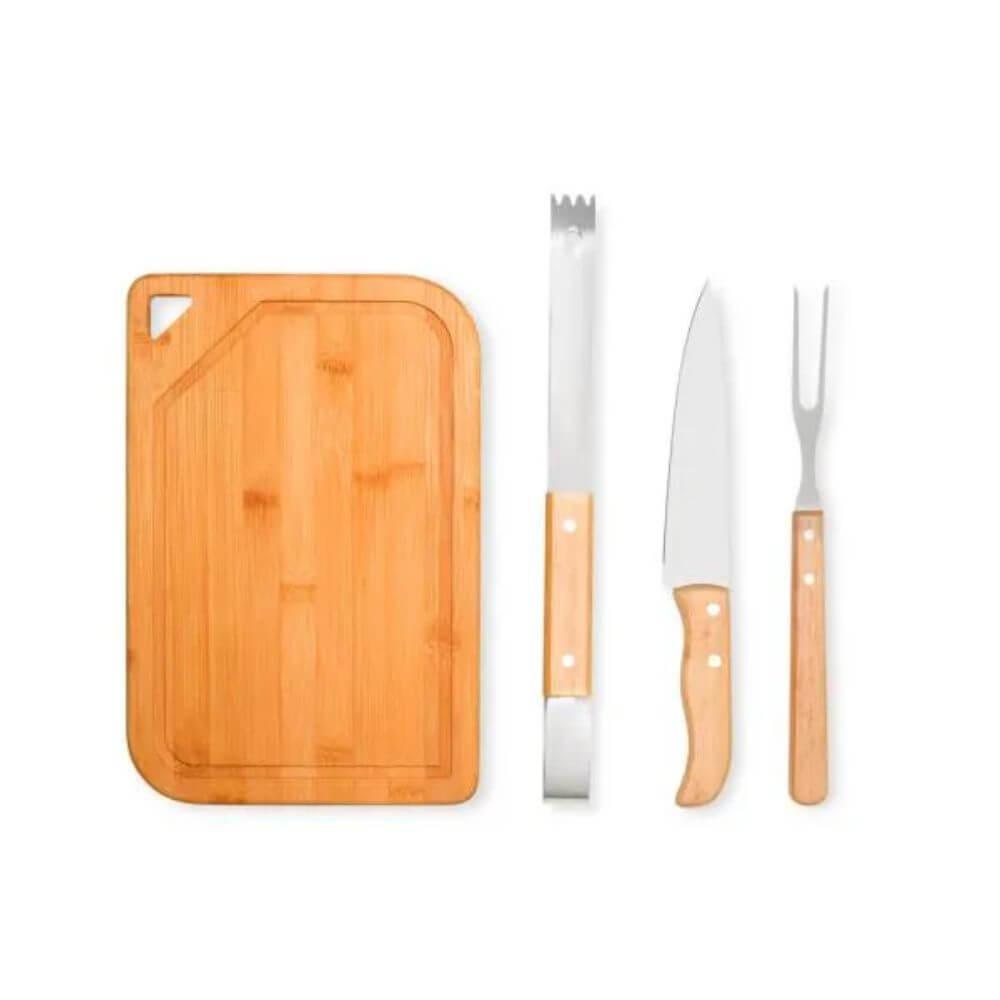 Kit Churrasco em Bambu 4 Peças GO1527 na cor Preto, brinde personalizado Sky Brindes