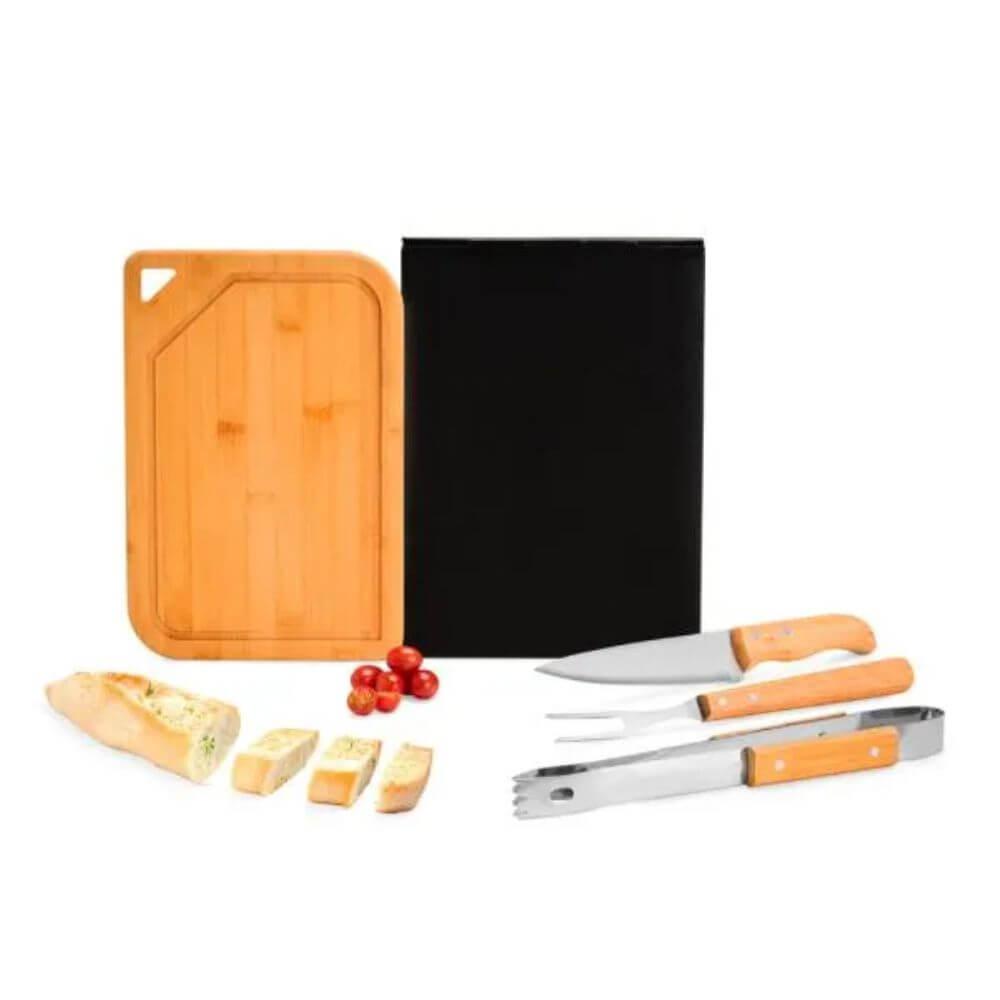 Kit Churrasco em Bambu 4 Peças GO1527 na cor Preto, brinde personalizado Sky Brindes
