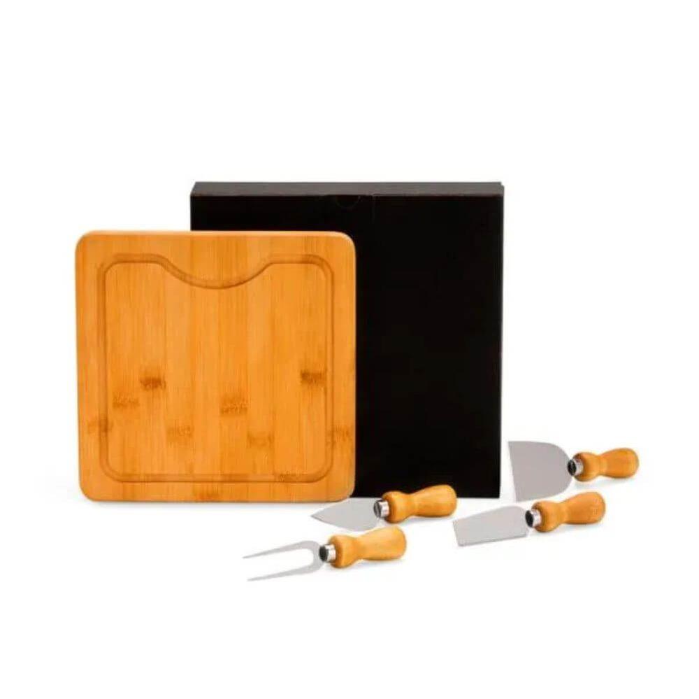 Kit Queijo Em Bambu 5 Peças GO1531 na cor Preto, brinde personalizado Sky Brindes
