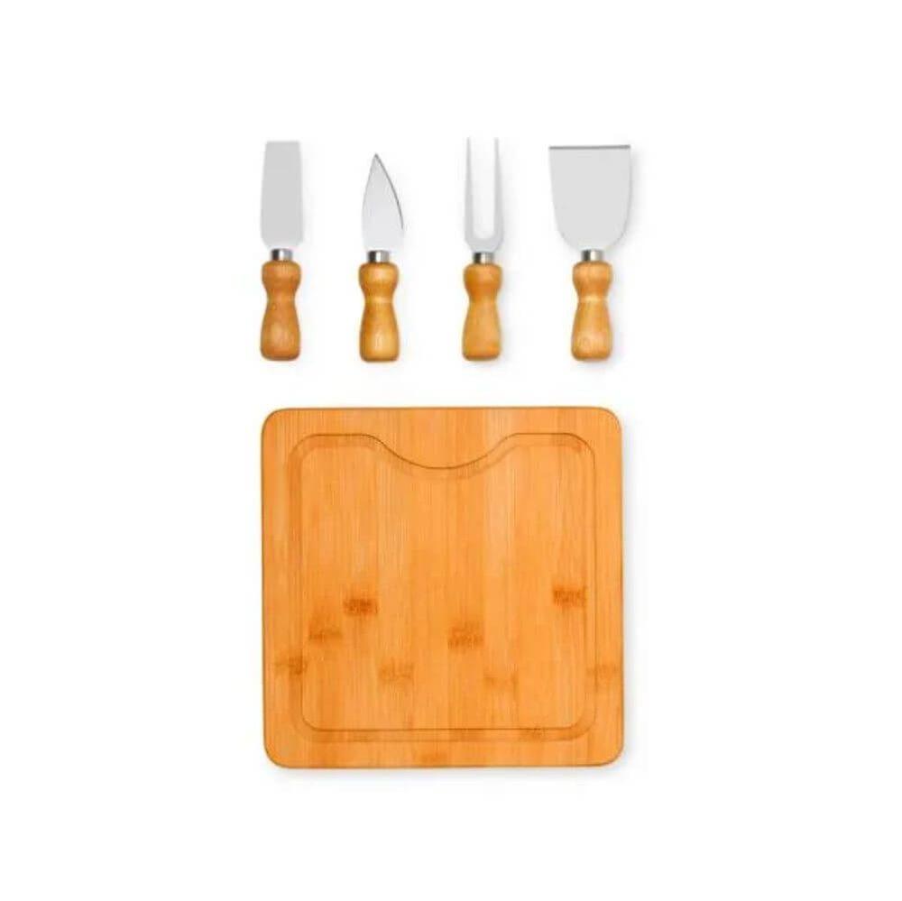 Kit Queijo Em Bambu 5 Peças GO1531 na cor Preto, brinde personalizado Sky Brindes