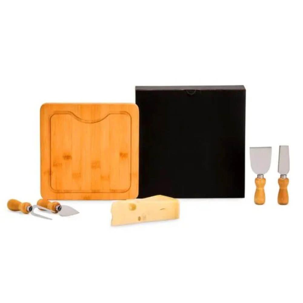Kit Queijo Em Bambu 5 Peças GO1531 na cor Preto, brinde personalizado Sky Brindes
