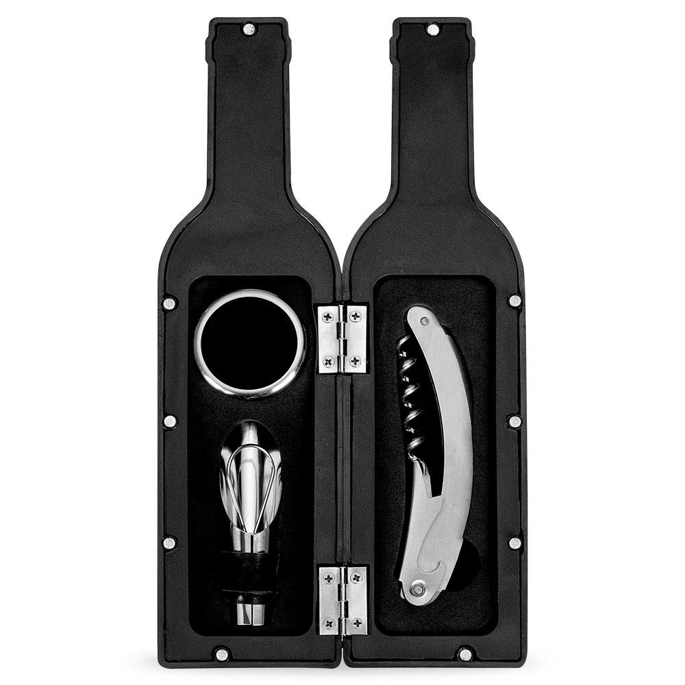 Kit vinho plástico resistente 3 peças formato garrafa GO1590 na cor Preto, brinde personalizado Sky Brindes