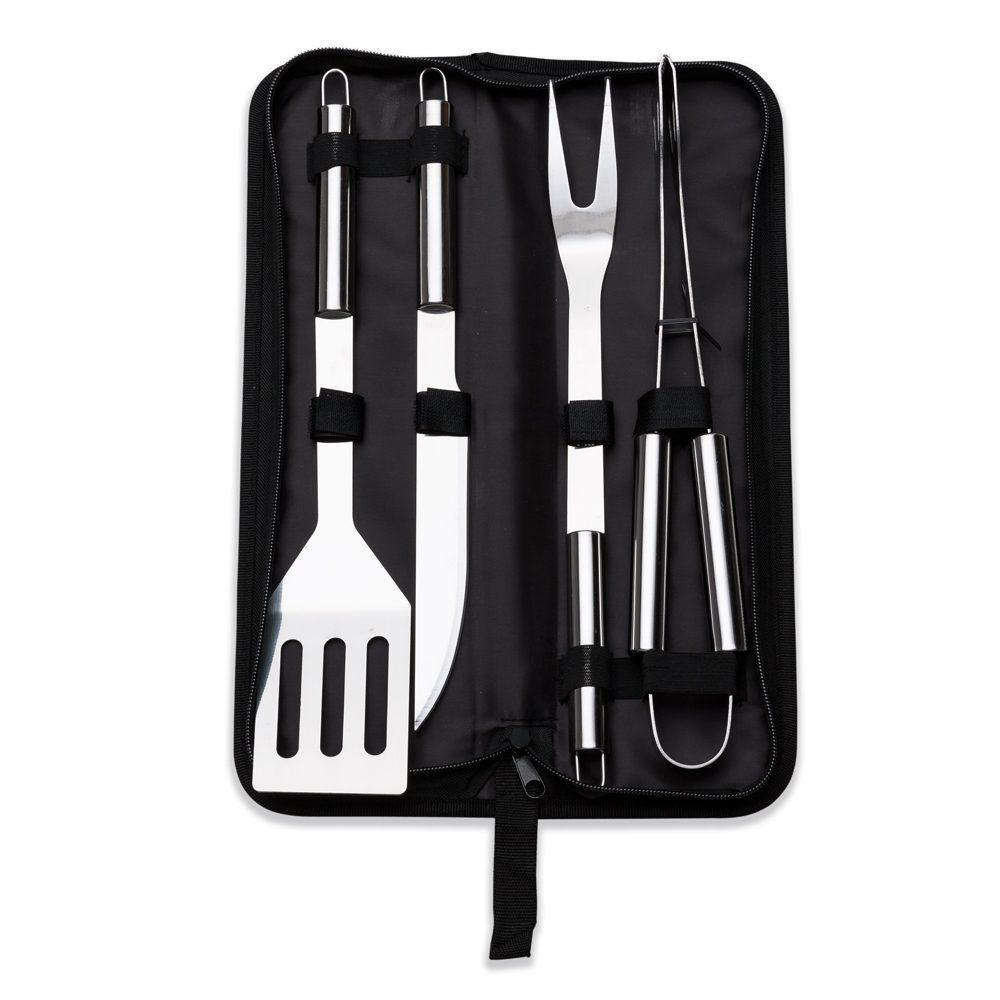 Kit churrasco 4 peças inox c estojo GO1592 na cor Preto, brinde personalizado Sky Brindes
