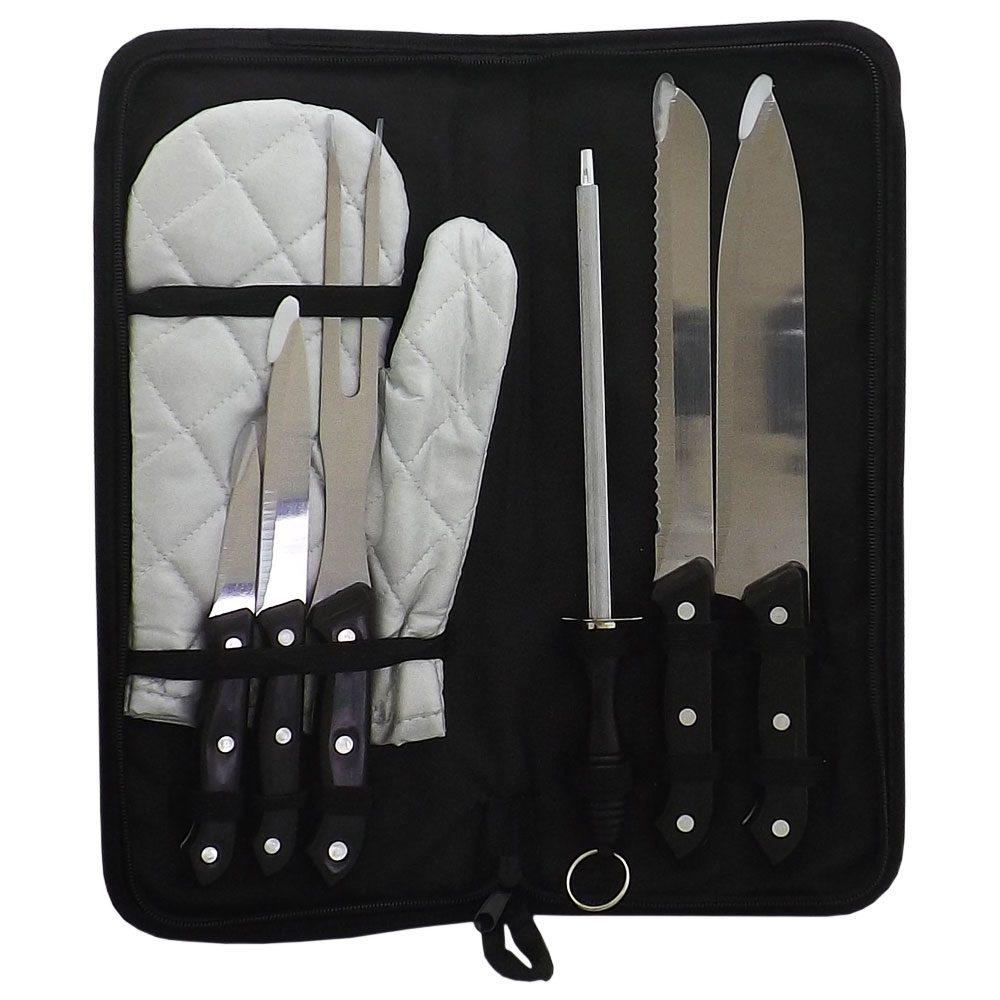 Kit churrasco c 7 peças cabo preto GO1593 na cor Preto, brinde personalizado Sky Brindes