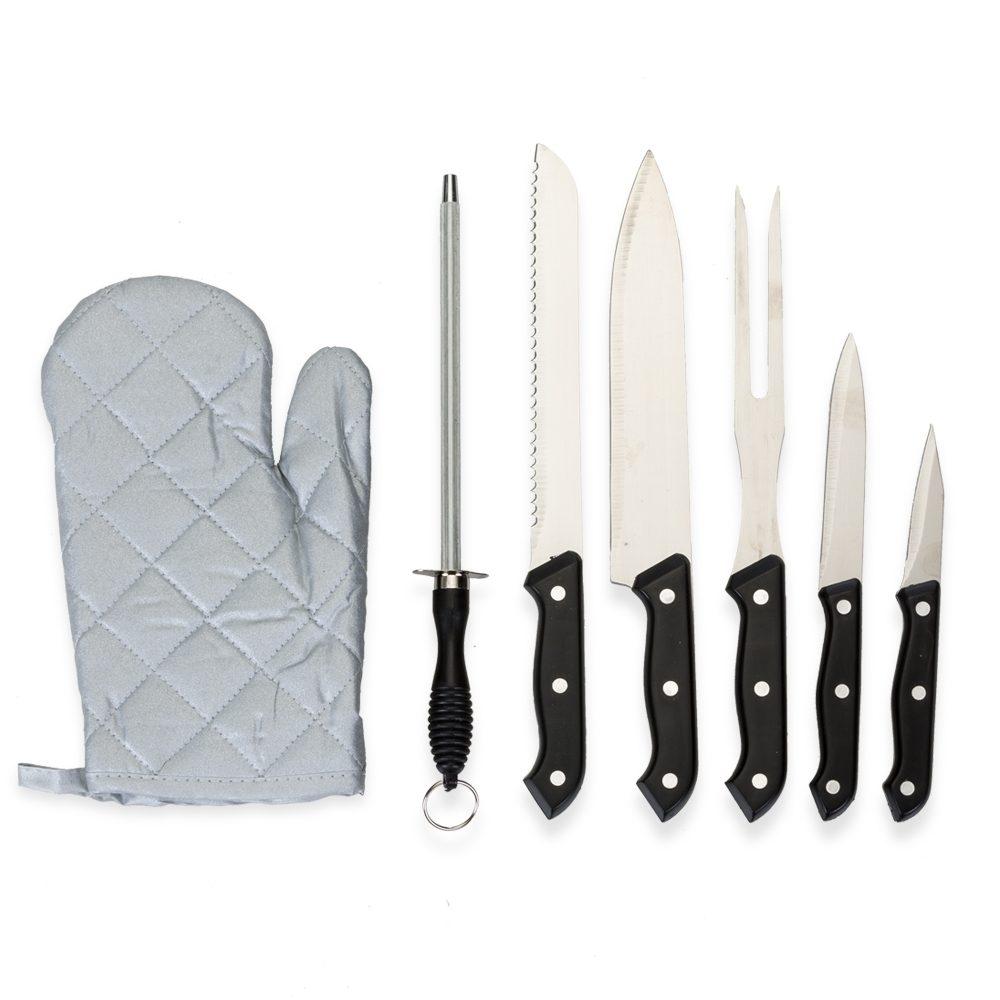 Kit churrasco c 7 peças cabo preto GO1593 na cor Preto, brinde personalizado Sky Brindes
