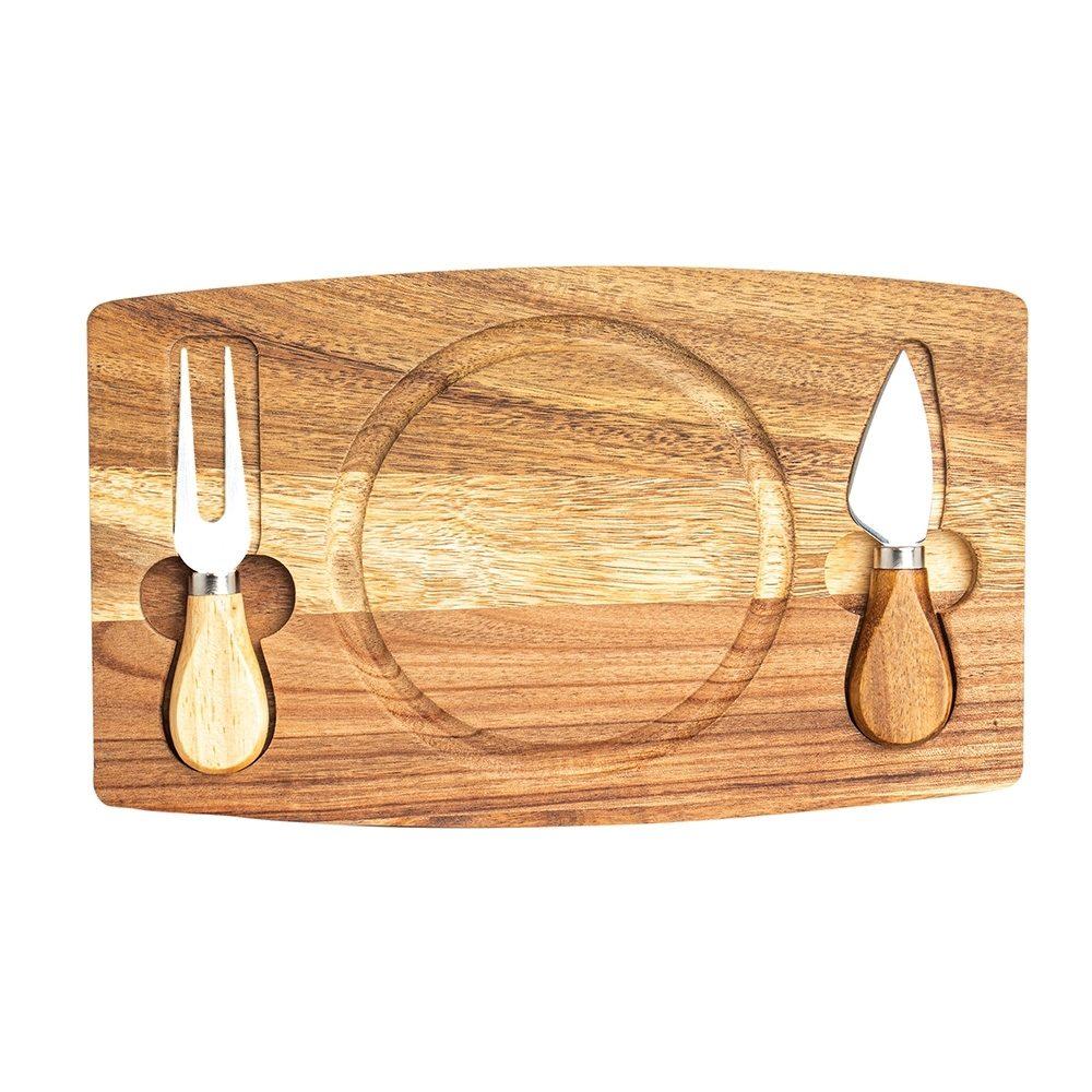 Kit queijo 2 pçs + tábua redonda GO1611 na cor Madeira e inox, brinde personalizado Sky Brindes