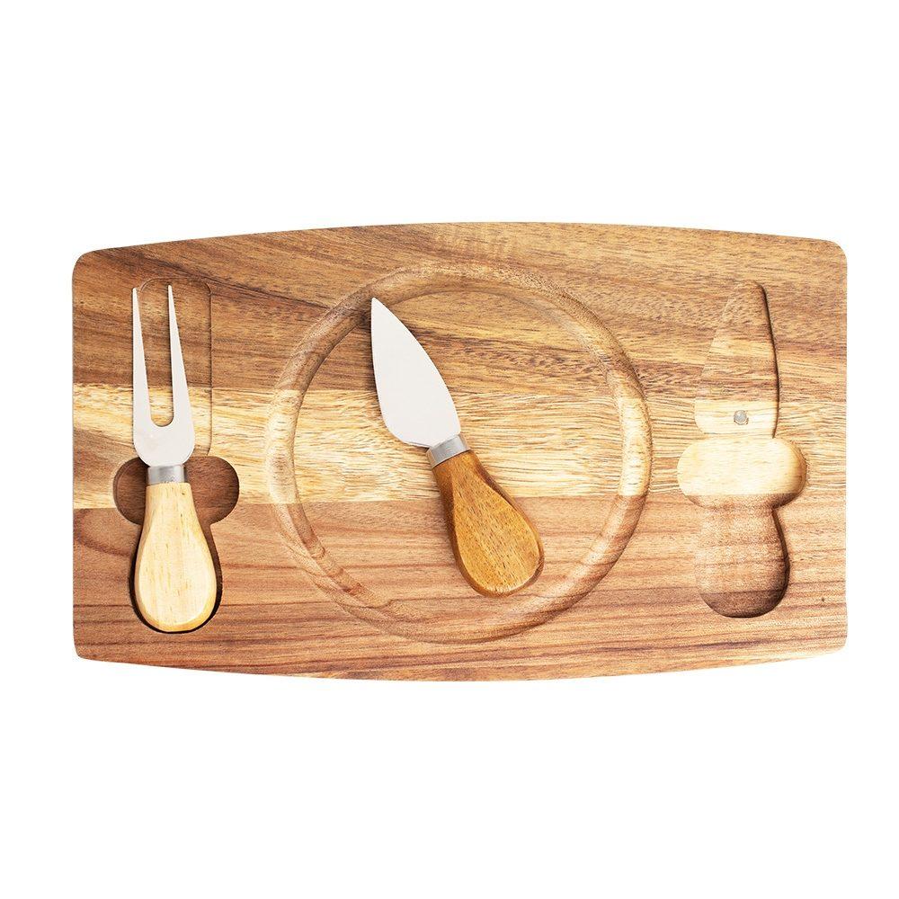 Kit queijo 2 pçs + tábua redonda GO1611 na cor Madeira e inox, brinde personalizado Sky Brindes