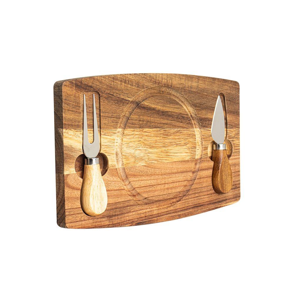 Kit queijo 2 pçs + tábua redonda GO1611 na cor Madeira e inox, brinde personalizado Sky Brindes