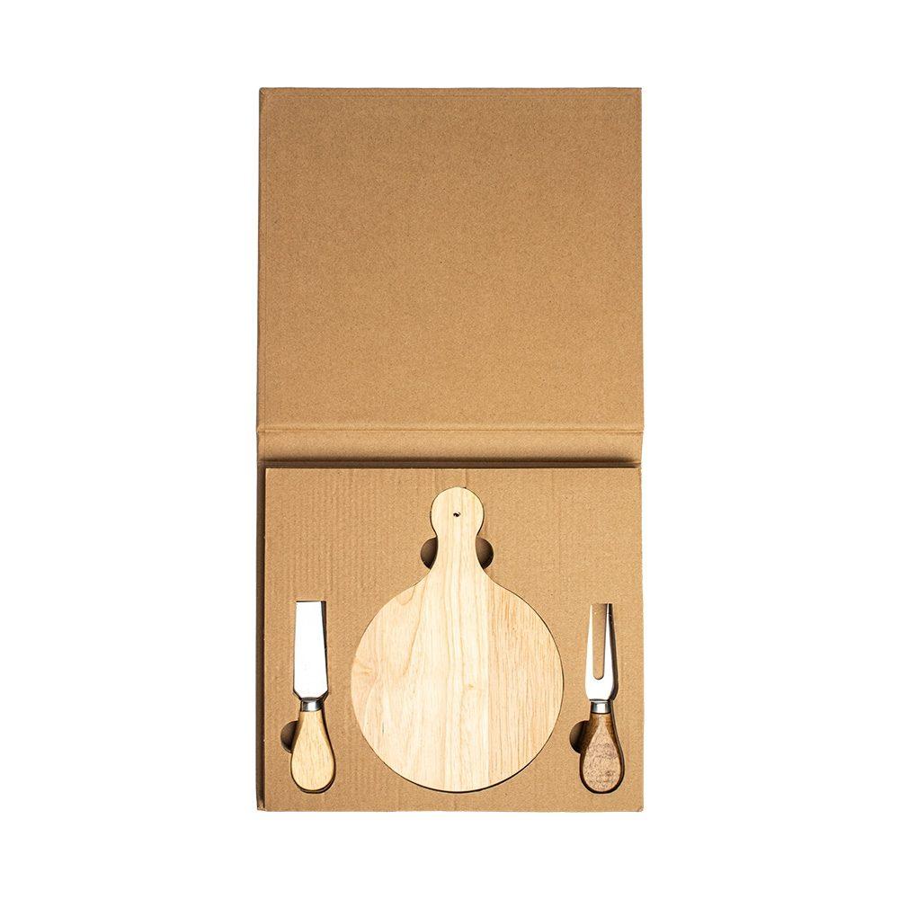 Kit queijo 2 peças + tábua redonda GO1612 na cor Madeira e inox, brinde personalizado Sky Brindes