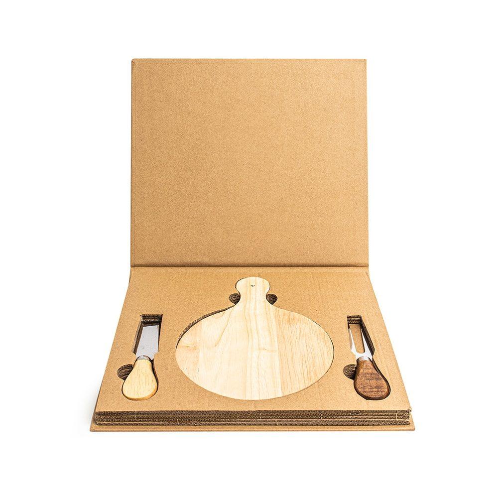 Kit queijo 2 peças + tábua redonda GO1612 na cor Madeira e inox, brinde personalizado Sky Brindes