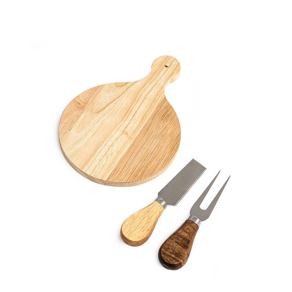 Kit queijo 2 peças + tábua redonda GO1612 na cor Madeira e inox, brinde personalizado Sky Brindes