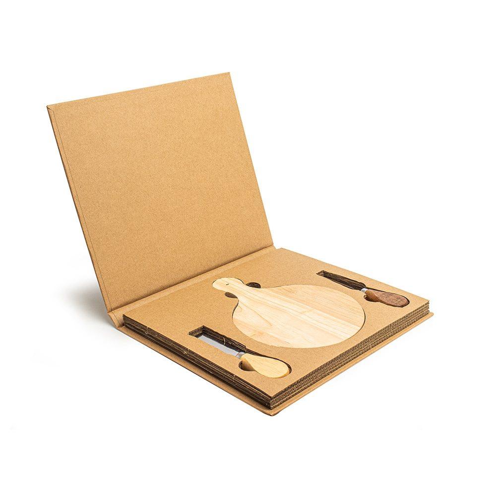 Kit queijo 2 peças + tábua redonda GO1612 na cor Madeira e inox, brinde personalizado Sky Brindes