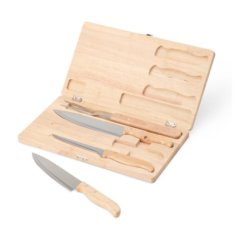 Kit churrasco 4 peças GO1628 na cor Madeira e inox, brinde personalizado Sky Brindes