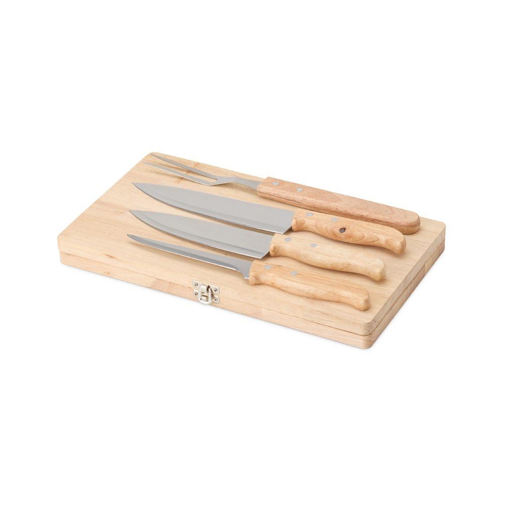 Kit churrasco 4 peças GO1628 na cor Madeira e inox, brinde personalizado Sky Brindes