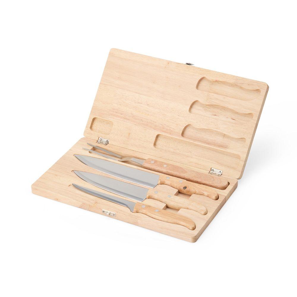 Kit churrasco 4 peças GO1628 na cor Madeira e inox, brinde personalizado Sky Brindes