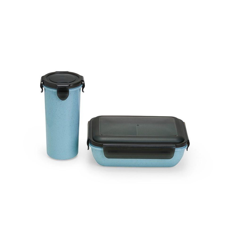 Kit copo e marmita fibra de bambu GO1637 na cor Azul, brinde personalizado Sky Brindes
