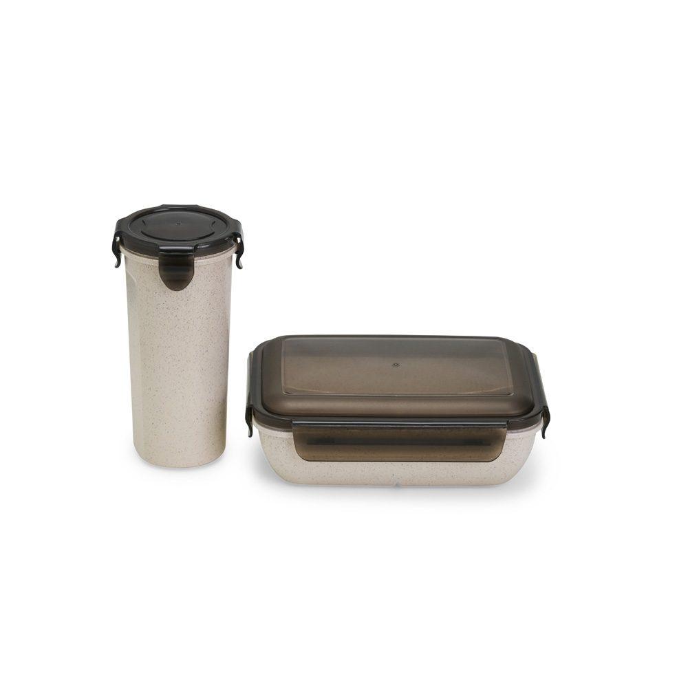 Kit copo e marmita fibra de bambu GO1637 na cor Bege, brinde personalizado Sky Brindes