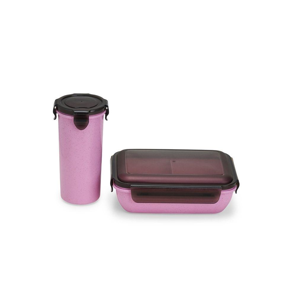 Kit copo e marmita fibra de bambu GO1637 na cor Rosa, brinde personalizado Sky Brindes