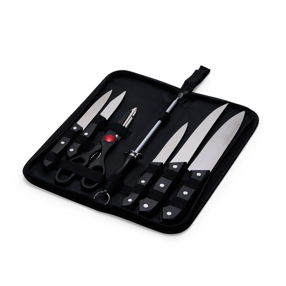 Kit churrasco 7 peças GO1645 na cor Preto, brinde personalizado Sky Brindes