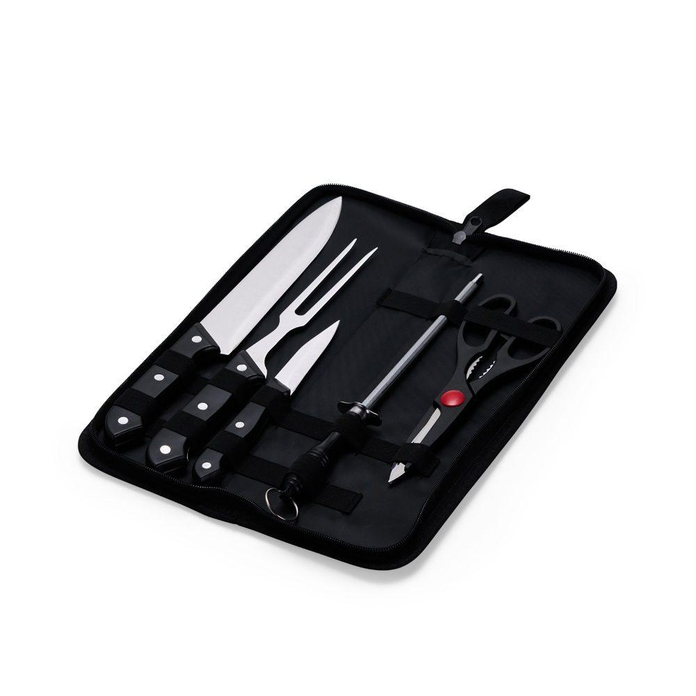 Kit churrasco 5 peças GO1646 na cor Preto, brinde personalizado Sky Brindes