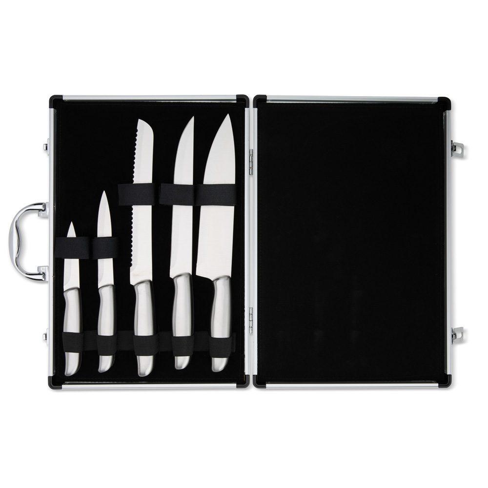 Jogo de facas c 5 peças na maleta GO1651 na cor Inox, brinde personalizado Sky Brindes