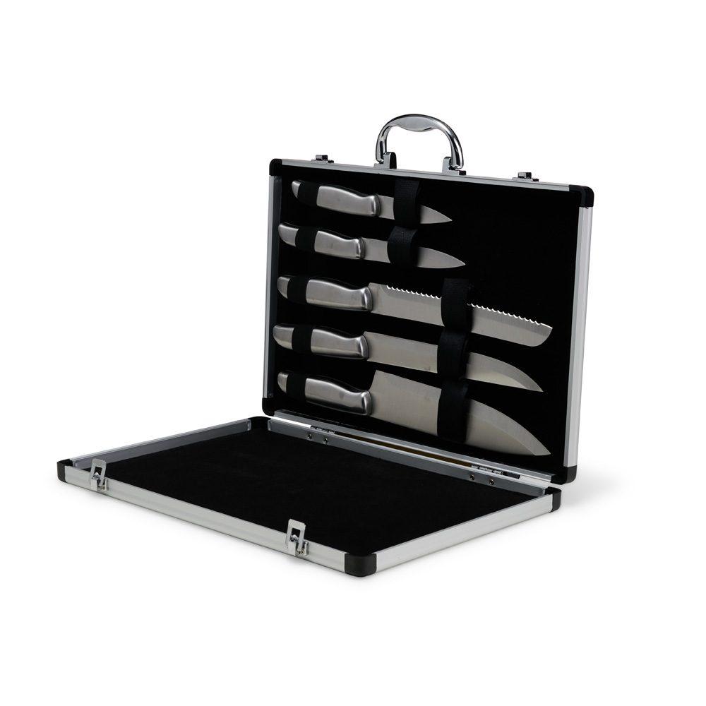 Jogo de facas c 5 peças na maleta GO1651 na cor Inox, brinde personalizado Sky Brindes