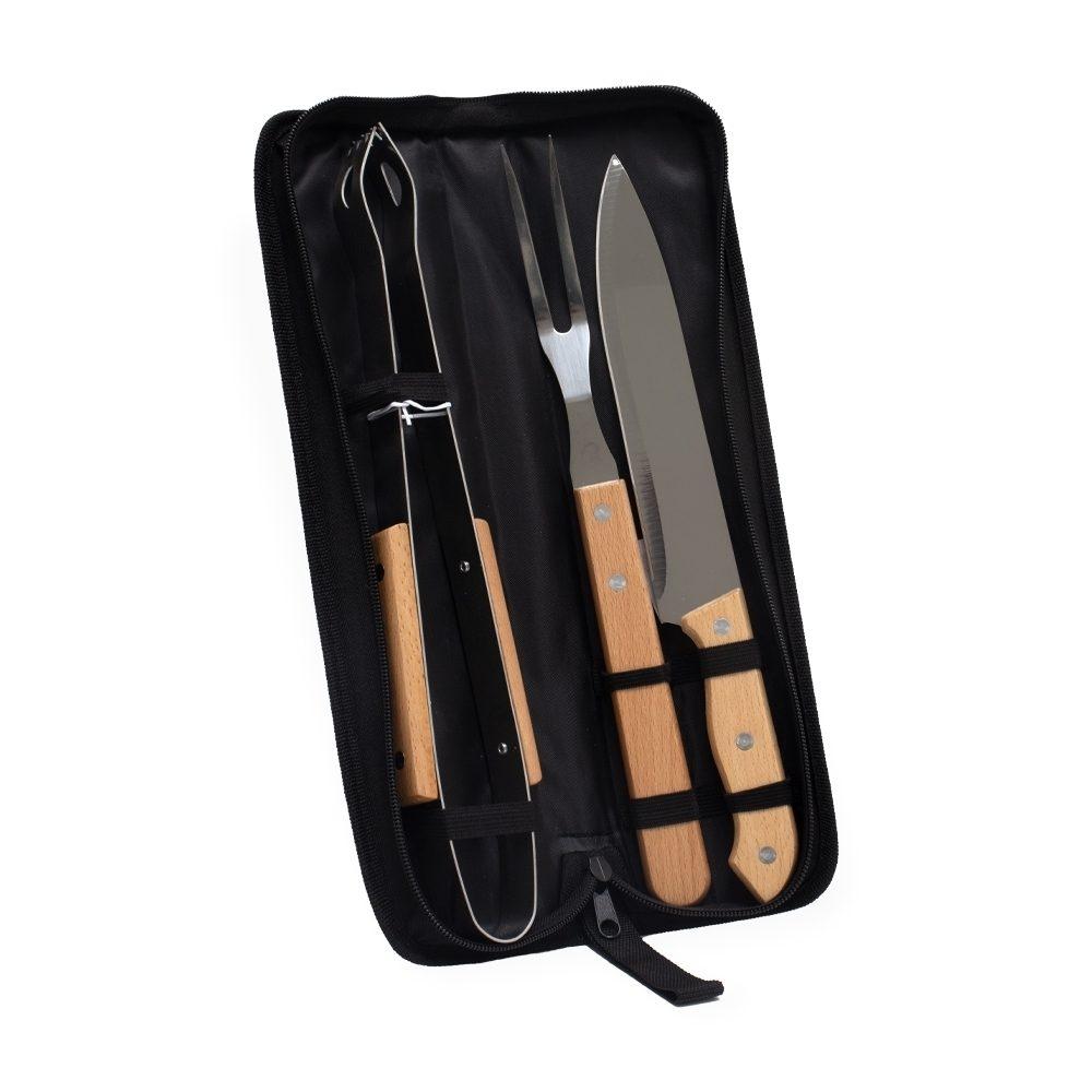 Kit churrasco 3 peças GO1658 na cor Preto, brinde personalizado Sky Brindes