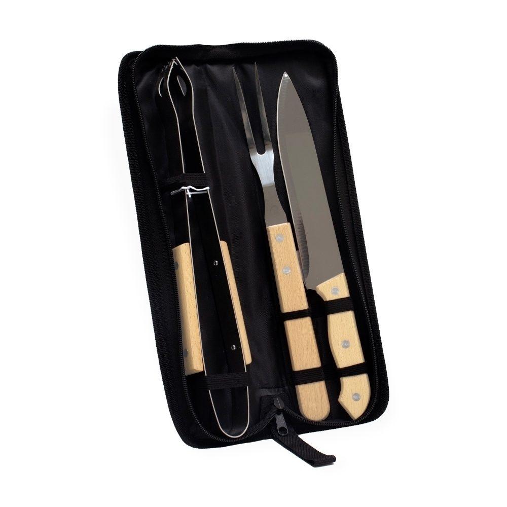 Kit churrasco 3 peças GO1681 na cor Preto, brinde personalizado Sky Brindes