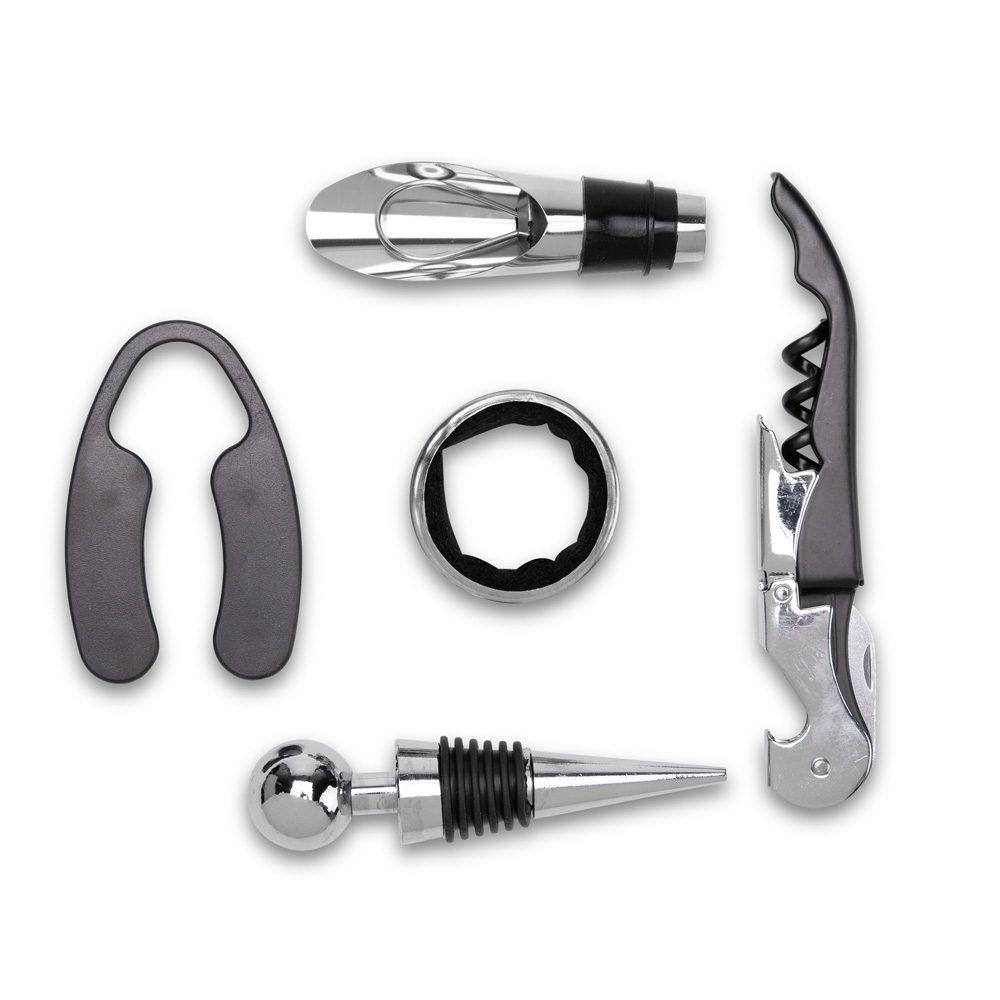 Kit vinho 5 peças GO1698 na cor Preto, brinde personalizado Sky Brindes