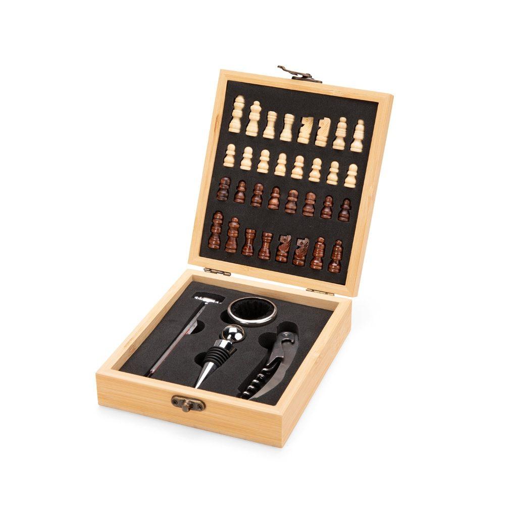 Kit vinho xadrez 4 peças GO1700 na cor Bambu e bambu, brinde personalizado Sky Brindes
