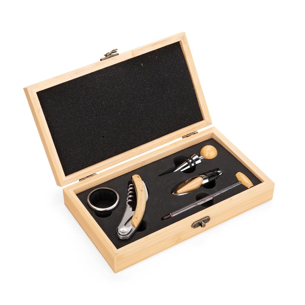 Kit vinho 5 peças GO1710 na cor Bambu e bambu, brinde personalizado Sky Brindes
