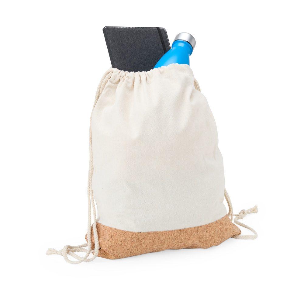 Sacochila de lona e cortiça MO1751 na cor Bege, brinde personalizado Sky Brindes